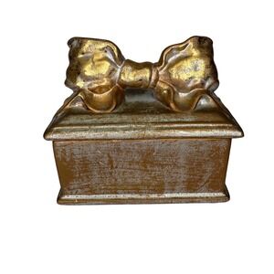 VTG Sullivans Gold Silver Distressed Girly Bow Trinket Box Ceramic Jewelry Case